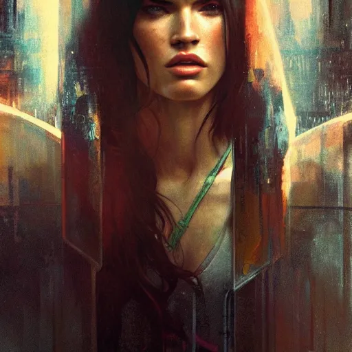 Image similar to megan fox, hyperrealistic portrait, bladerunner street, art of elysium by jeremy mann and alphonse mucha, fantasy art, photo realistic, dynamic lighting, artstation, poster, volumetric lighting, very detailed face, 4 k, award winning