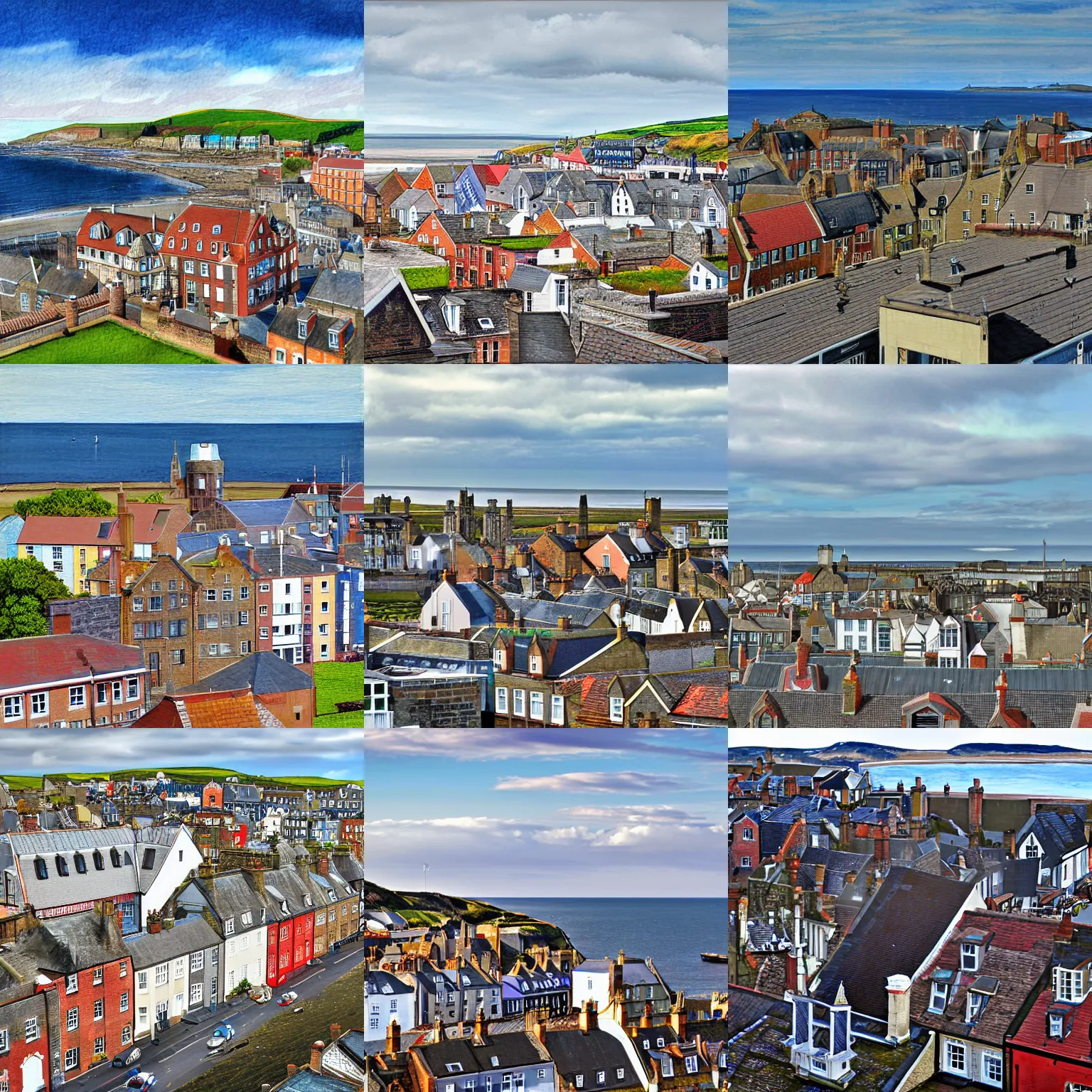 Prompt: Rooftop view of east of Scotland seaside town, digital art