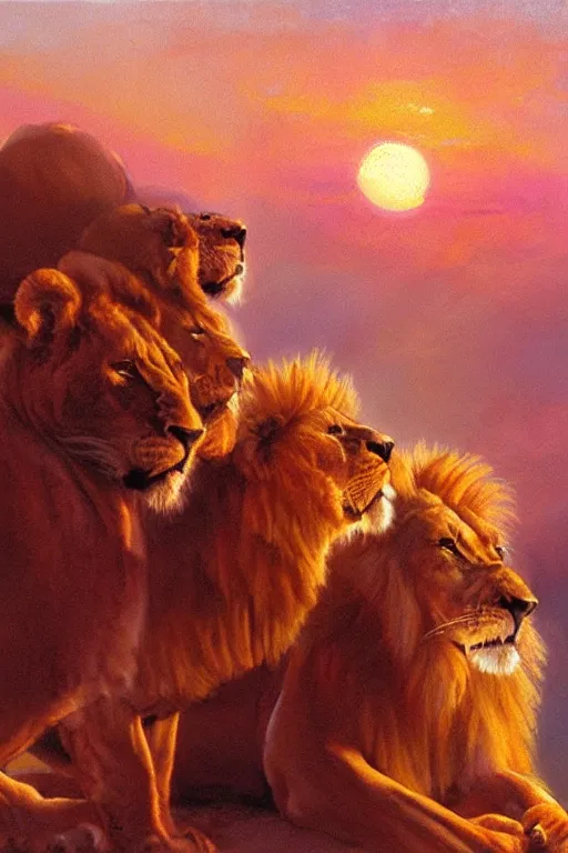 Image similar to spiritual twin flame lioness and lion art pink sunset hue highly detailed oil painting hue by craig mullins