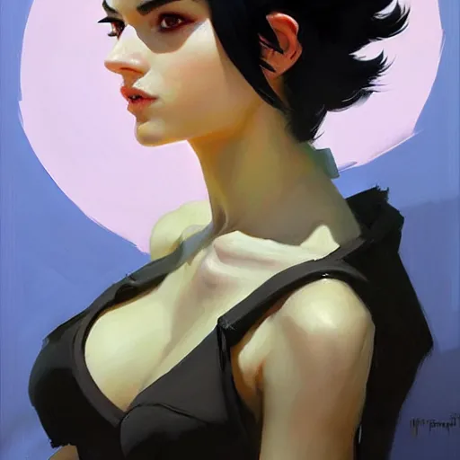 Prompt: greg manchess portrait painting of white pale girl with black hair as overwatch character, medium shot, asymmetrical, profile picture, organic painting, sunny day, matte painting, bold shapes, hard edges, street art, trending on artstation, by huang guangjian and gil elvgren and sachin teng