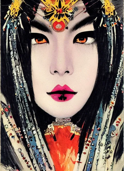 Image similar to female korean vampiress, jeweled headdress, heavy mascara, strong line, saturated color, beautiful! coherent! by frank frazetta, high contrast, minimalism