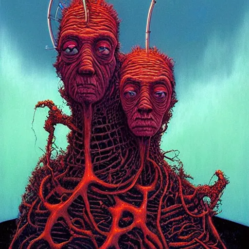 Image similar to kang and kodos ( the simpsons halloween special ) by beksinski and tristan eaton, dark neon trimmed beautiful dystopian digital art