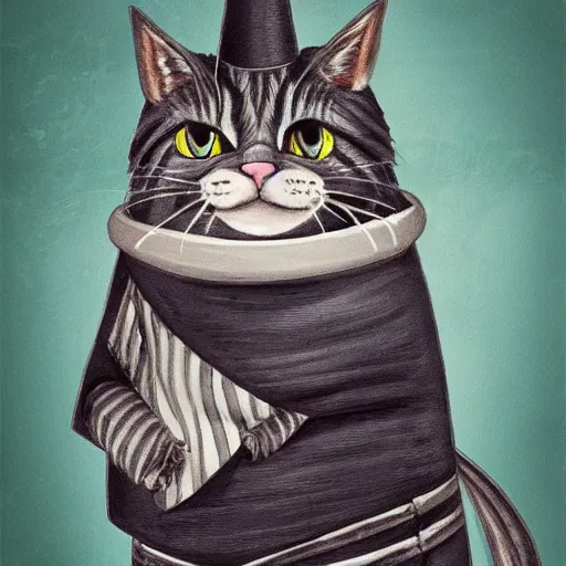 Prompt: a photo of a mackerel cat dressed as a wizard. Highly detailed photorealistic