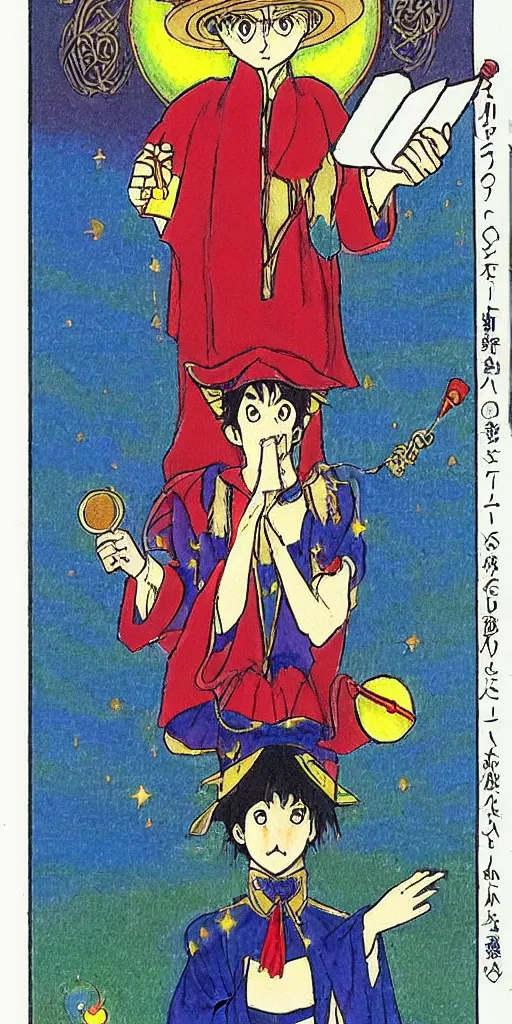 Image similar to a mystical man with a goblet on the table, wizard hat, drawn by Naoko Takeuchi, tarot card. tarot card the magician