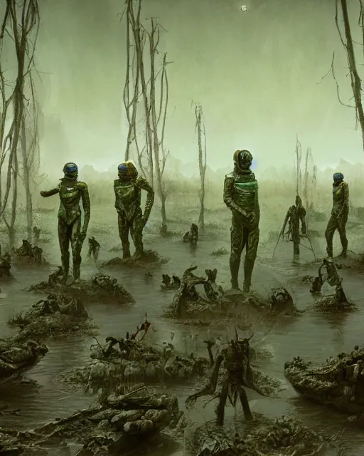 Prompt: group of sardaukar soldiers in a chlorine swamp, retrofuturism sci - fi old movie, highly detailed, photorealistic, 8 k, by beksinski and stalenhag