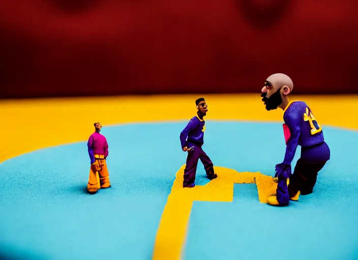 Image similar to cinematic screenshot portrait of a stop motion claymation film about a wacky adventure starring kobe bryant, shallow depth of field, 1 8 mm, f 1. 8