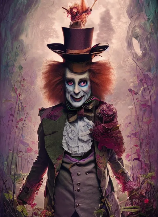 Prompt: alice in wonderland mad hatter the magician tarot card, highly detailed, cinematic, 8 k, by stanley artgermm, tom bagshaw, greg rutkowski, carne griffiths, ayami kojima, beksinski, giger, trending on deviantart, hyper detailed, horror, full of colour