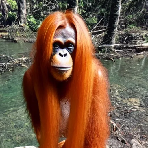 Image similar to an orangutang with long blonde hair,