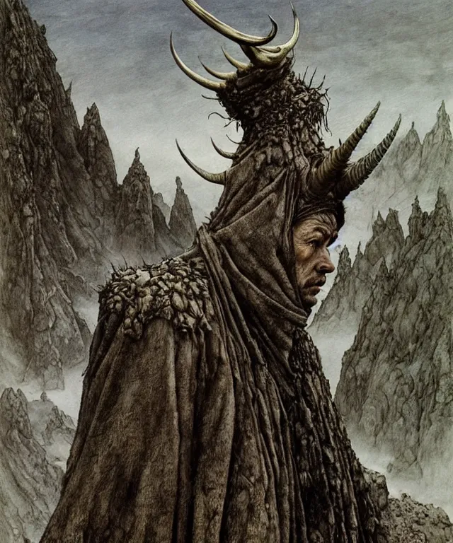 Image similar to A detailed horned crocodileman stands among the hills. Wearing a ripped mantle, robe. Perfect faces, extremely high details, realistic, fantasy art, solo, masterpiece, art by Zdzisław Beksiński, Arthur Rackham, Dariusz Zawadzki