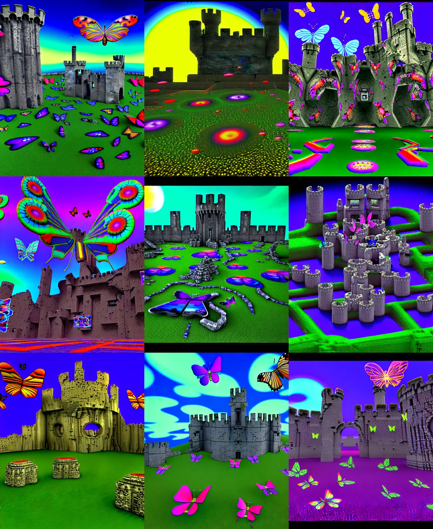 Prompt: 3 d render of cybernetic demoscene landscape with castle ruins against a psychedelic surreal background with 3 d butterflies and 3 d flowers and 3 d clocks and angels n the style of 1 9 9 0's demoscene cgi graphics, lsd dream emulator psx, 3 d rendered y 2 k aesthetic by ichiro tanida, 3 do magazine, wide shot
