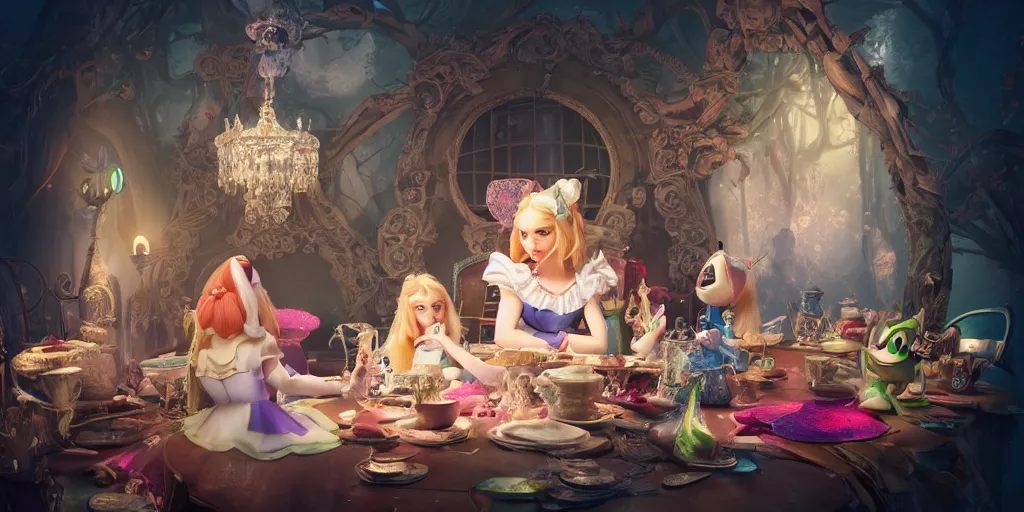 Prompt: a insanely intricate beautifull 3 d render of alice in wonderland, beauty cute faces, unreal engine, 8 k resolution, cell shaded render, soft dramatic lighting, cinematic, insanely intricate, subsurface scattering, anti aliashing, pixar,