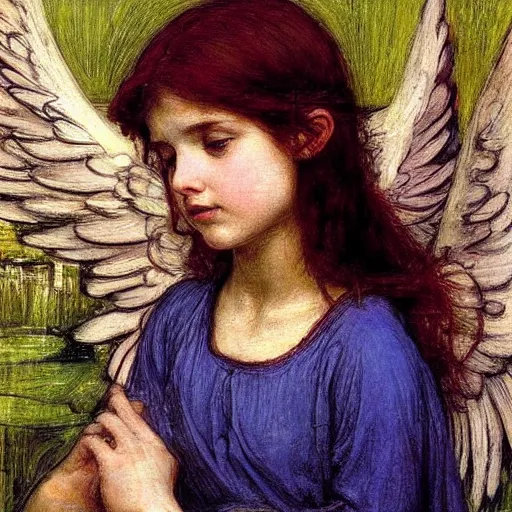 Image similar to An angel losing their wings calmly in the style of John William Waterhouse