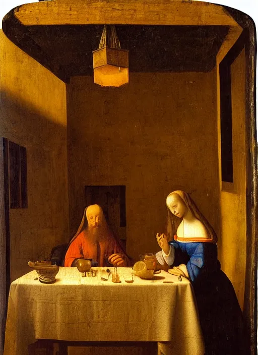 Image similar to a candlelit table at the inn, evening, dark room, two people sitting at the table, swirling smoke, dark smoke, realistic, in the style of leonardo da vinci, dutch golden age, amsterdam, medieval painting by jan van eyck, johannes vermeer, florence