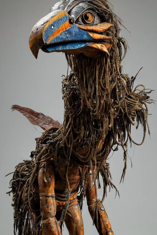 Prompt: photo taken of an epic intricate, ultra detailed, super realistic gritty, hero prop, exquisitely weathered animatronic movie prop of a lifelike sculpture of a huaorani ecuadorian amazon tribe creature displayed in the workshop, created by weta workshop, full body shot, photorealistic, sharp focus