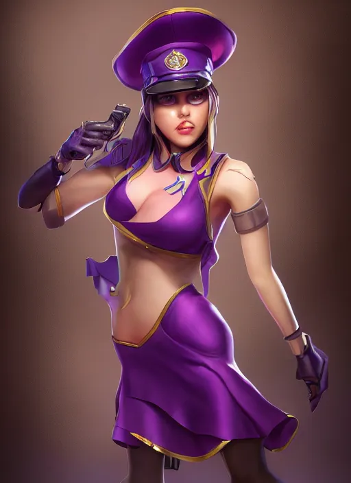 Image similar to caitlyn from league of legends, pointing gun towards the camera, wearing purple dress police hat, pearl skirt, hyper detailed, digital art, trending in artstation, cinematic lighting, studio quality, smooth render, unreal engine 5 rendered, octane rendered, art style by klimt and nixeu and ian sprigger and wlop and krenz cushart