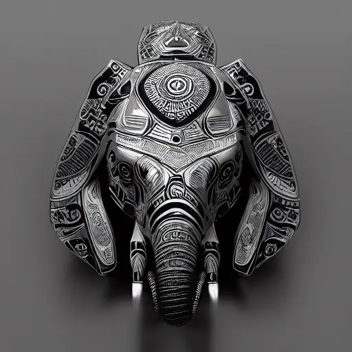 Prompt: futuristic elephant head, symmetrical, futuristic ganesha, intricate black shaman ornaments, black oak patterns, iridescent reflection, robotic ganesha head, mecha - elephant, white backround, graphic design, black white greys and red color, subsurface scattering, cyberpunk, unreal engine, octane render, cgsociety, artstation