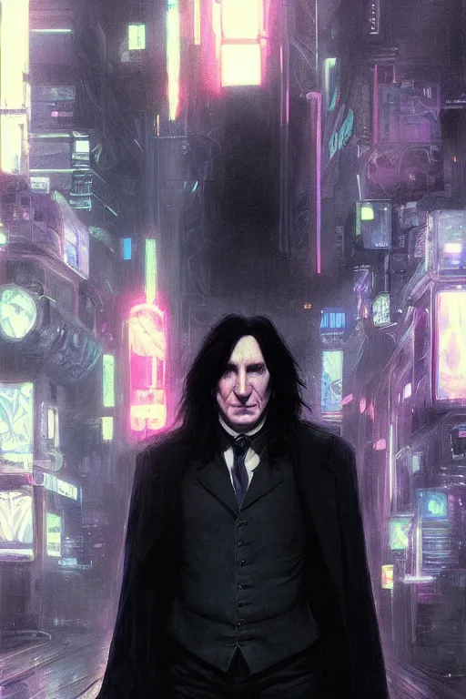 Image similar to portrait of severus snape in cyberpunk, neon lighting, night city, digital art from artstation by Ruan Jia and Mandy Jurgens and Artgerm and william-adolphe bouguereau and Greg Rutkowski