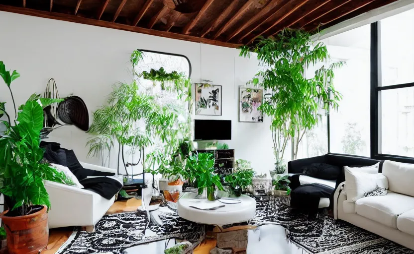 Image similar to interior of a bohemian living room, black and white, green potted plants, couch, diner table, cupboards, modernist, minimalism, big windows with a view of lush trees, feng shui, 8 k