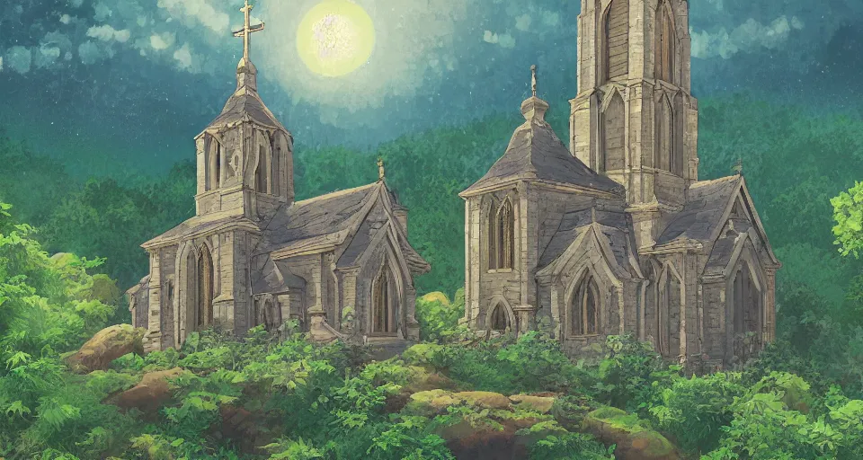 Image similar to view of a catholic church on a forested mountain, in the style of studio ghibli, distant, detailed, artstation, award winning painting