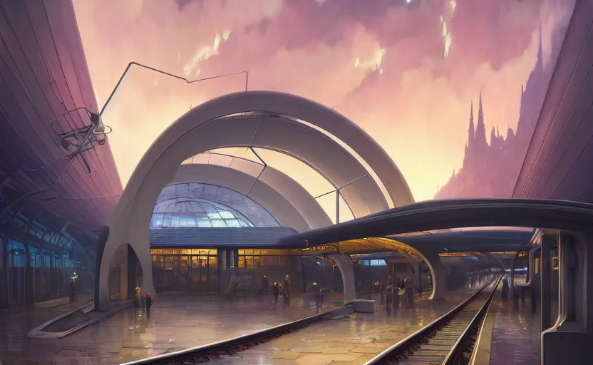 Image similar to exterior shot of utopian train station with cinematic lighting by zaha hadid and renzo piano, darek zabrocki and greg ruthkowski, alphonse mucha, simon stalenhag, cinematic, holy place, paradise, scifi, futurism, atmospheric, sunset, concept art, artstation, trending on artstation