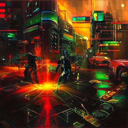 Image similar to “cyberpunk painting of a battle between two artificial intelligences”