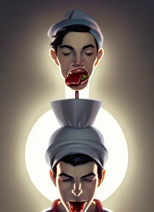 Image similar to portrait of jughead jones, eating a hamburger, wearing a grey crown, eyes closed, intricate, elegant, glowing lights, highly detailed, digital painting, artstation, concept art, smooth, sharp focus, illustration, art by wlop, mars ravelo and greg rutkowski