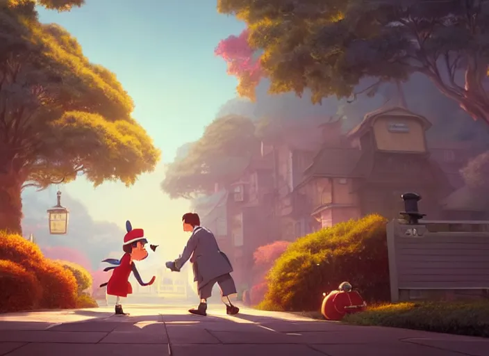 Image similar to mr winston welcoming his new guests, medium shot, studio ghibli, pixar and disney animation, sharp, rendered in unreal engine 5, anime key art by greg rutkowski, bloom, dramatic lighting