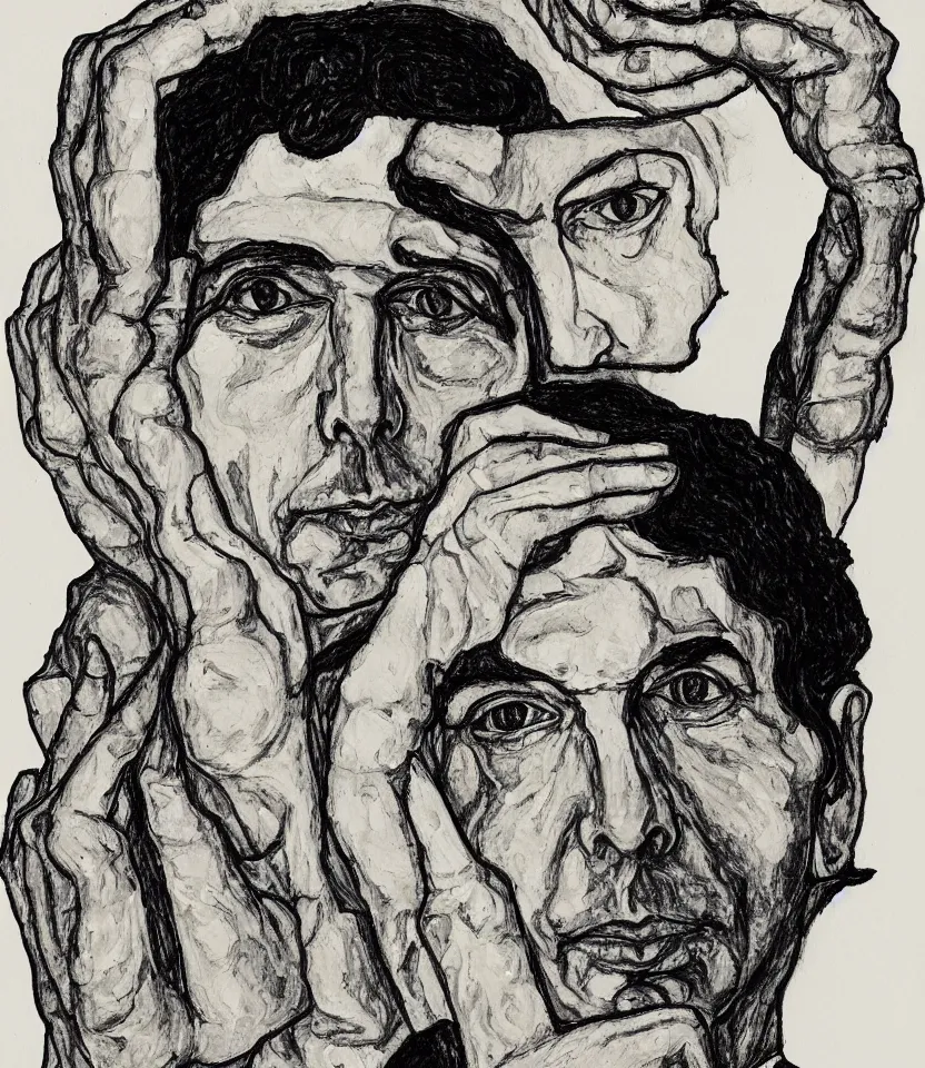 Image similar to a line art portrait of singer leonard cohen, inspired by the work of egon schiele.