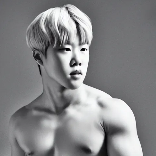 Image similar to wide angle full body portrait of Park Jimin of BTS as Antinous, dramatic photography, dramatic facial expression, tears, hand on his cheek, soft skin, soft blush, intricate, ethereal, highly detailed, high resolution, 8K resolution, sharp focus, Unreal engine 5, smooth, ectomorph, curvy body type, wearing a chiton, feminine facial features, greek pattern background, art by J. C. Leyendecker