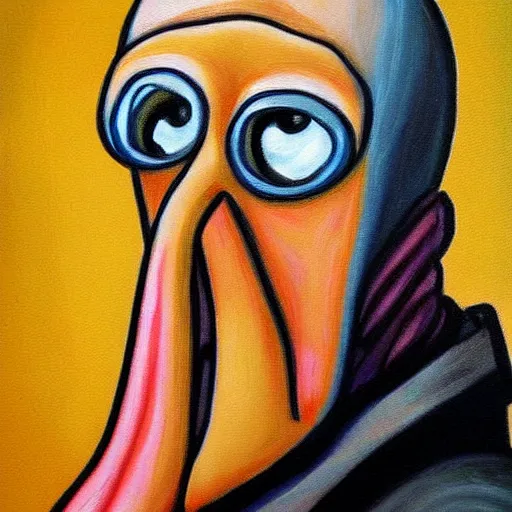 Image similar to handsome squidward portrait, painting, colorful