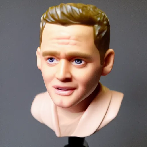 Image similar to michael buble face in a bubblegum bobble head!!!!, 8 k, ultra realistic details