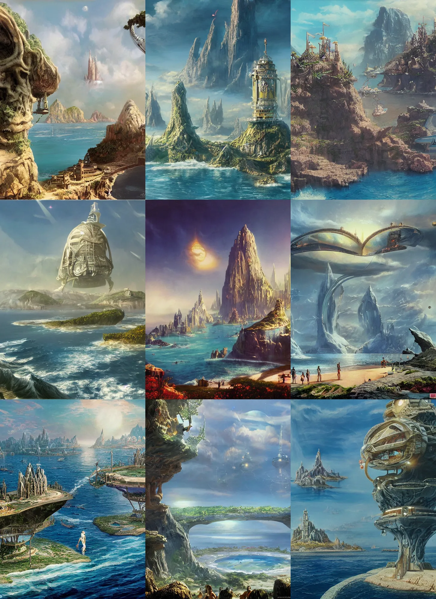 Prompt: matte painting of an magical fantasy island on the ocean, retrofuturism, sci - fi, futuristic, concept art