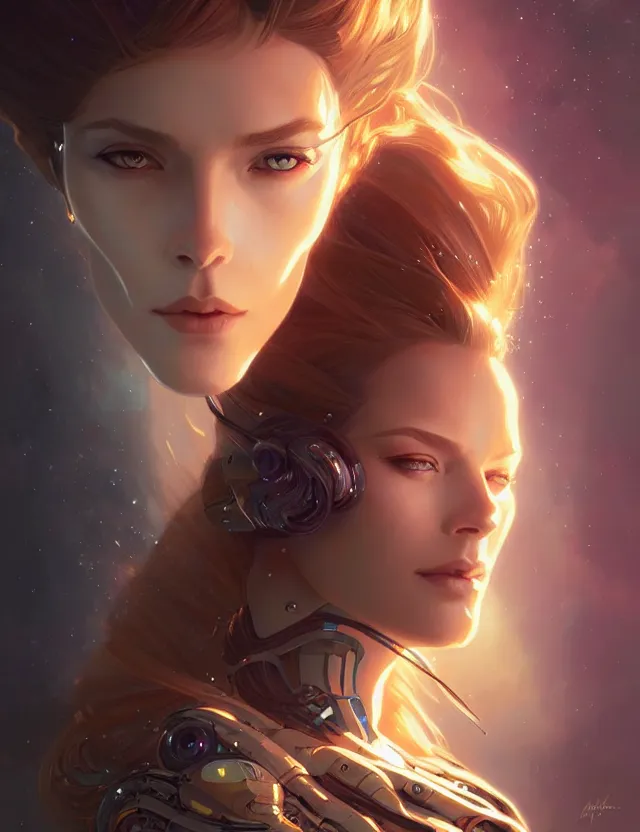 Image similar to futuristic woman portrait, sci-fi, amber eyes, face, long hair, fantasy, intricate, elegant, highly detailed, digital painting, artstation, concept art, smooth, sharp focus, illustration, art by artgerm and greg rutkowski and alphonse mucha