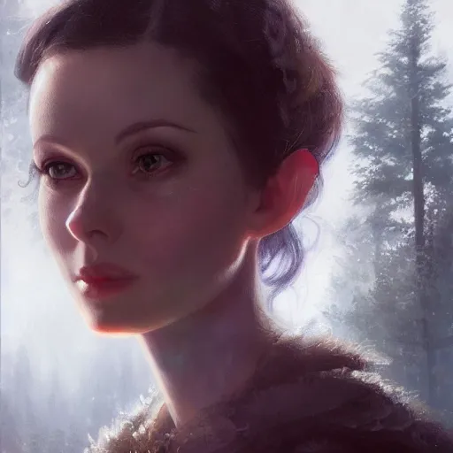 Image similar to closeup portrait of a young vivian leigh with elf ears, forest background, megacity, high fantasy, gorgeous view, depth, high detail, digital art, painted by greg rutkowski, trending on artstation