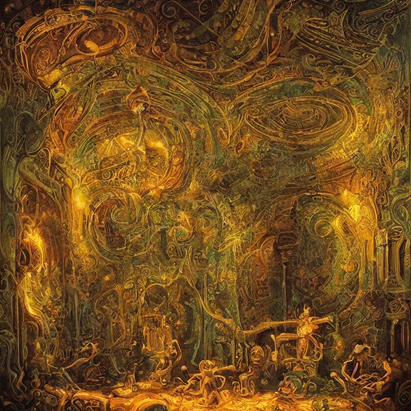 Prompt: an ancient alien underground library. decorated with foliage, faberge, and filigree. bioluminescent light. pulp sci - fi art. baroque period, oil on canvas. renaissance masterpiece