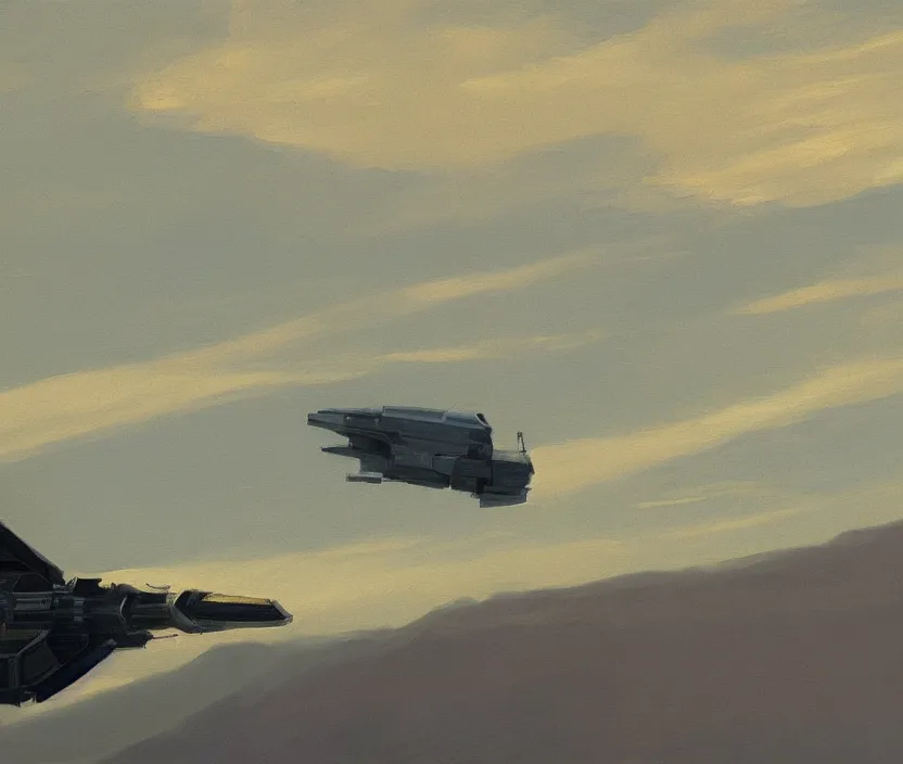 Image similar to a very detailed closeup painting of a spaceship in the sky, spaceship in the style of shaun williams on artstation, in the style of edward hopper and huggo pondz, very fine brushstrokes, 4 k,