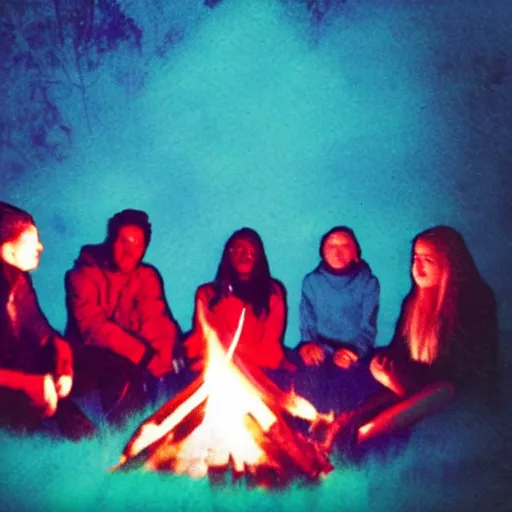 Image similar to grainy 90s poloraid photo of a young woman wearing a Synthwave style hoodie near a campfire, sitting with friends; vintage image artifacts