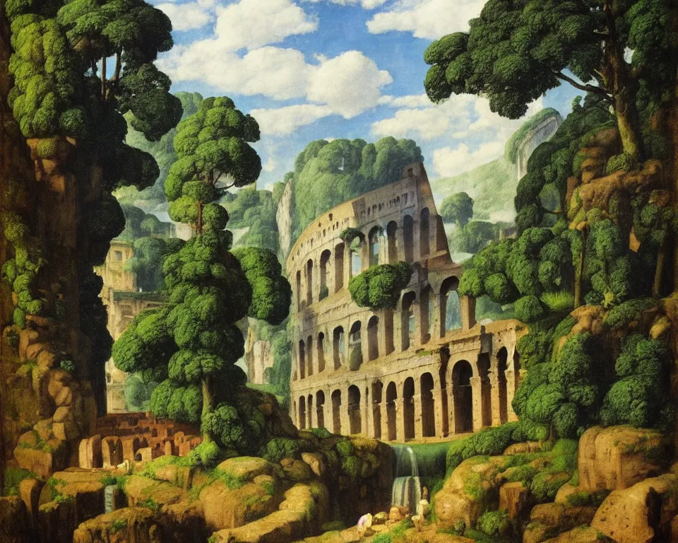 Prompt: an achingly beautiful print of the Colosseum in a jungle clearing with a waterfall in the distance by Raphael, Hopper, and Rene Magritte. detailed, romantic, enchanting, trending on artstation.