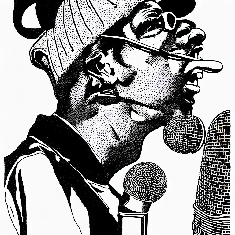 Image similar to rapping into microphone, epic angle, profile view, illustrated by Victor Moscoso