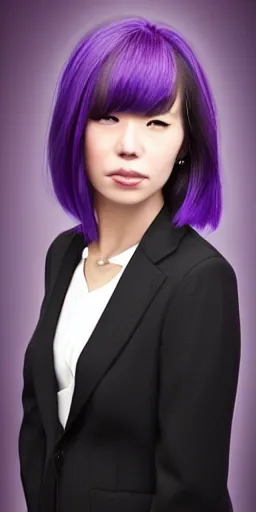 Image similar to a professional portrait of Kyoko Kirigiri, a young adult Japanese woman with long pale light mauve hair with bangs, purple eyes, a mysterious expression, black gloves, a suit jacket, symmetrical features, realistic 8k professional photography, midday lighting, mystery and detective themed, octane, volumetric lighting, 70mm