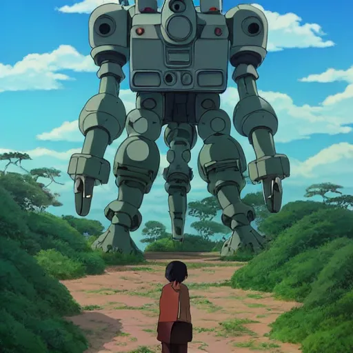 Prompt: a beautiful movie still in the style of Studio Ghibli anime showing a humanoid mech with tank treads for legs in the streets of post-apocalyptic Singapore overrun by vegetation. Studio Ghibli, aerial photography, wide angle lens, trending on artstation, trending on behance