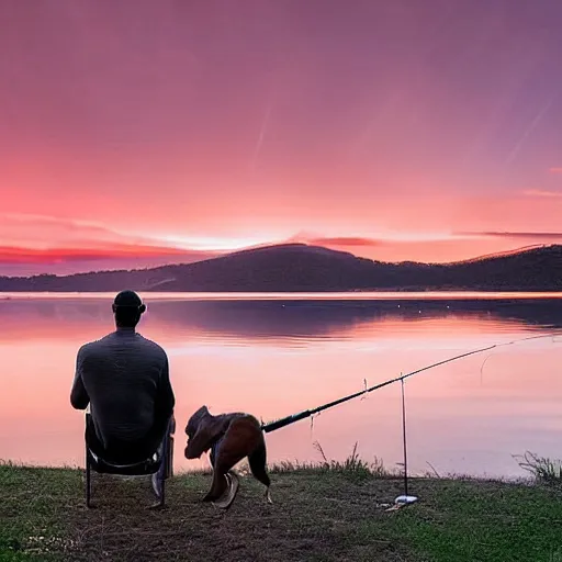 Prompt: an australian man, facing away from the camera towards a sunrise, over a reflective lake, fishing rod set up next to the man, with tackle box and a dog sleeping on the ground, awe inspiring award - winning, matte painting