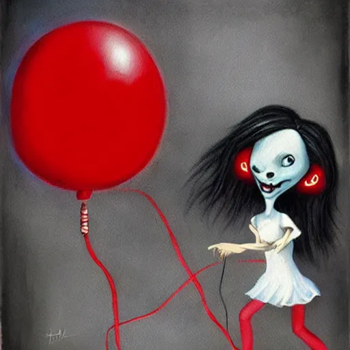 Image similar to grunge cartoon painting of a little girl playing with a jump rope with a wide smile and a red balloon by chris leib, loony toons style, pennywise style, corpse bride style, horror theme, detailed, elegant, intricate