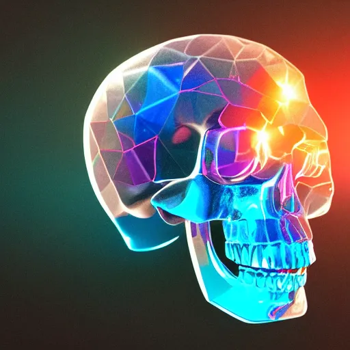 Prompt: refractive, transparent, translucent, crystal skull full of luminescent liquids, shards of crystal, by charlie bowater, isometric, chroma colors, rear lighting, 8 k, polygon, polygonal, three - quarter view, paradox, screen space global illumination, volumetric light, transparent, liquid crystal, ray tracing reflections