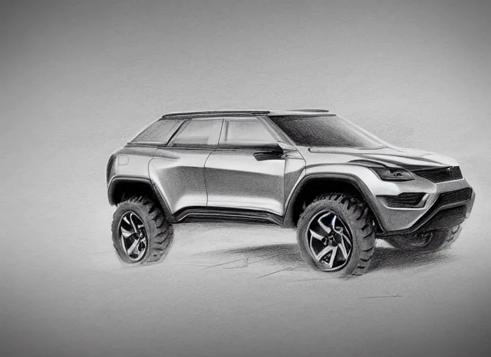 Image similar to concept non - coloring pencil drawing of a new car combined by two different genres for offroading.