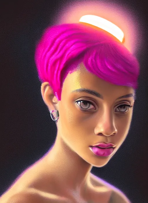 Image similar to portrait of teenage vanessa morgan with bright pink hair, black girl, vanessa morgan, curly pixie cut hair, wearing newsboy cap, newsboy cap, hoop earrings, intricate, elegant, glowing lights, highly detailed, digital painting, artstation, concept art, smooth, sharp focus, illustration, art by wlop, mars ravelo and greg rutkowski