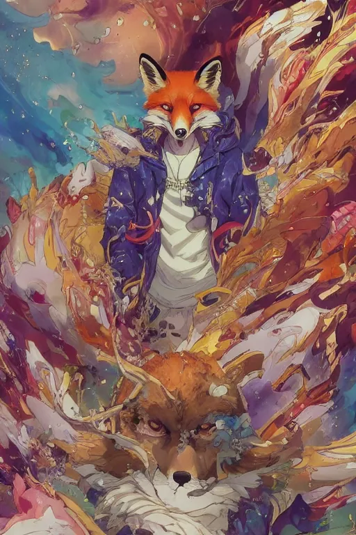 Image similar to maximalist intimidating fox, trending on pixiv fanbox, painted by makoto shinkai takashi takeuchi studio ghibli, akihiko yoshida, yoshitaka amano, wangechi mutu, clean cel shaded vector art. shutterstock. behance hd by lois van baarle, artgerm, helen huang, rossdraws, illustration