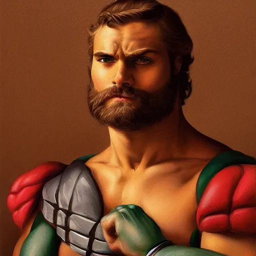 Image similar to “the ultimate gigachad, incredibly muscular Ninja Turtle Michelangelo, Michelangelo with chiseled jawline, trending on /r/moreplatesmoredates, oil on canvas artstation by J. C. Leyendecker and Edmund Blair Leighton and Charlie Bowater octane render”