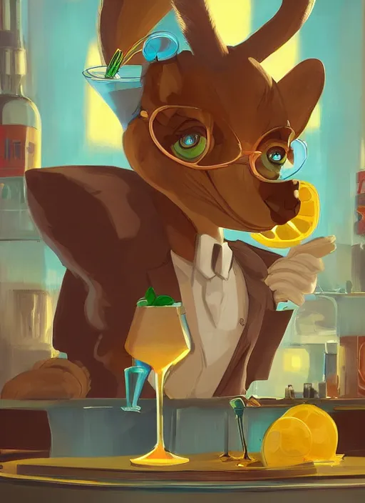 Prompt: squirrel anthro as a dapper bartender with a big fluffy tail, retro futurism, art deco, detailed painterly digital art by Cory Loftis and WLOP, 🐿🍸🍋, furaffinity, trending on artstation