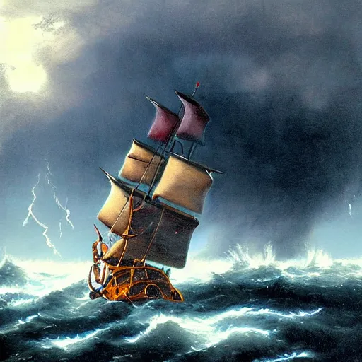 Image similar to pirate ship at sea, big storm with lightnings and tornado, trending on artstation
